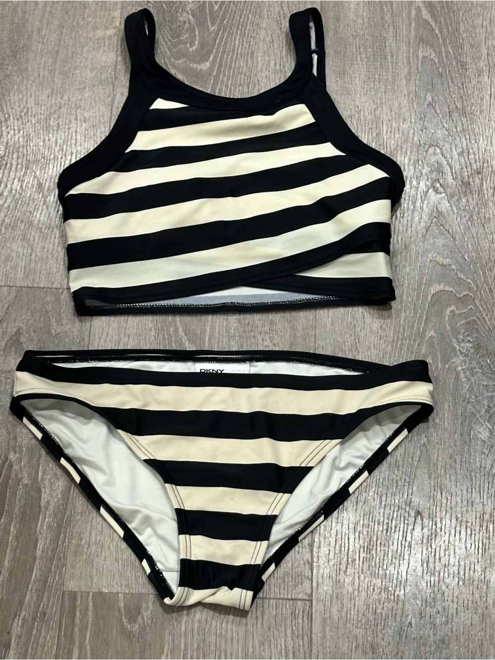 DKNY Swim Black & White Striped Two-Piece Bikini Set – Size Medium - Picture 3 of 5